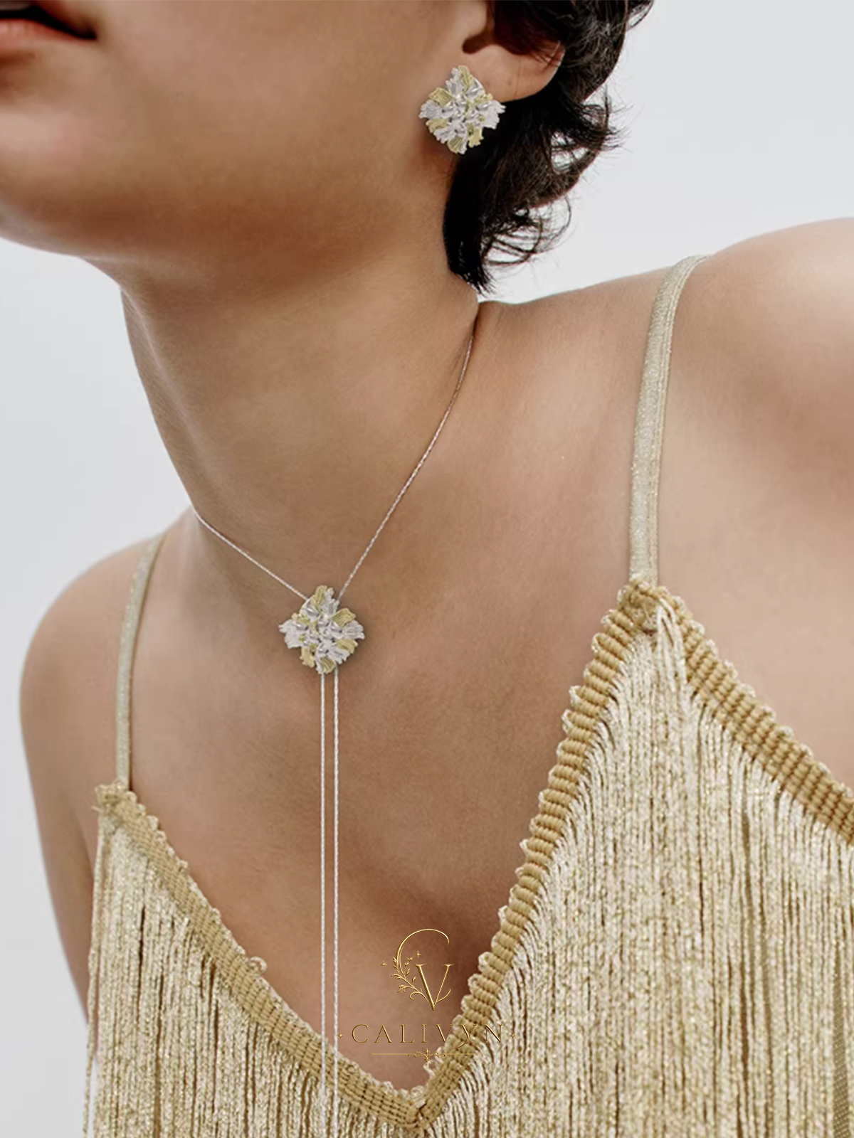 Gold & Silver Woven Square Necklace with Tassel Pendant